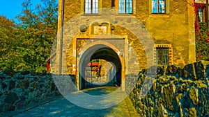 A beautiful shot in Poland Old castle entrance / overlooking the river / At sunset / Old steed 2018