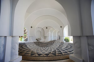 A beautiful shot of the pristine white interior of a building in Rhodes, Greece