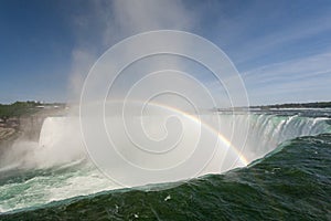 Beautiful shot of a rainbow over the Horseshoe Falls in Canada