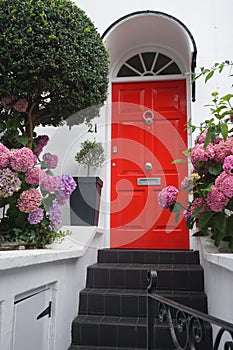 Beautiful shot of a red wooden front door of a white house with flowers and plants nearby