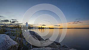 Beautiful shot of the rocky coast during sunset near Sylvan Lake in Alberta, Canada