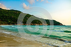 Beautiful shot of sea waves covering a sandy beach with a background of a forested hill