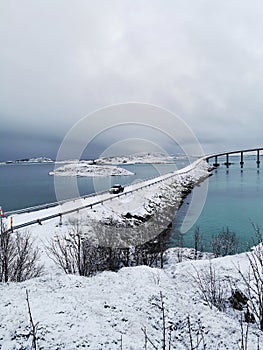 Beautiful shot of the snowy Sommaroy Bridge connecting the islands of Kvaloya and Sommaroy