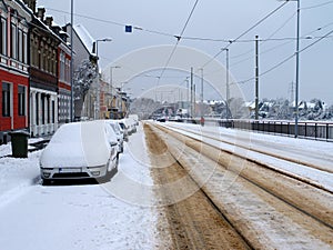 Beautiful shot of a snowy street in Muelheim Ruhr