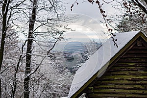 Beautiful shot of the snowy woods and a hut in the Kleine Kalmit hill in Landau