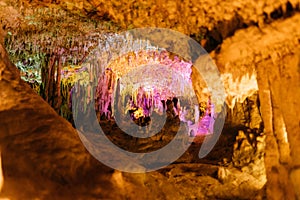 Beautiful shot of stalactite and stalagmite formation in Stalactite Cave, Israel