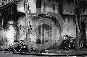 Beautiful shot of the streets of Hoi An in Vietnam during the day in grayscale