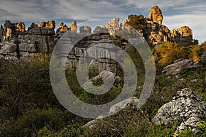 Beautiful shot of sunset over the El Torcal de Antequera rocky formation in Spain