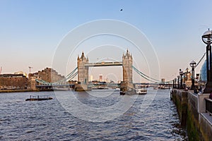 Beautiful shot of tower bridge at dusk as seen from St. Katharine Docks in London