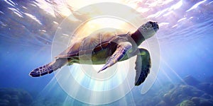 beautiful shot of a turtle in the open sea, with a diver blurred in the background