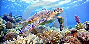 beautiful shot of a turtle in the open sea, with a diver blurred in the background