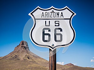 Beautiful shot of U.S. Route 66 in Arizona, USA with a clear blue sky background