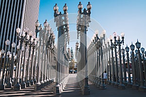 Beautiful shot of the Urban Light public art sculpture on a bright day in Los Angeles
