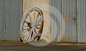 Beautiful shot of a vintage wooden wagon wheel