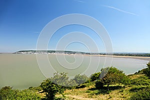 Beautiful shot of Weston Super Mare  beach bay with blue sky in the background