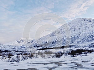 Beautiful shot of the winter in the Arctic region, Hillesoy, Kvaloya Island, Tromso, Norway