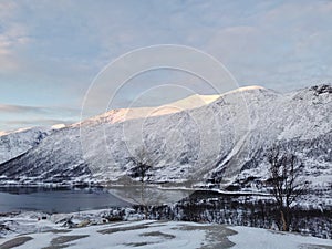 Beautiful shot of the winter in the Arctic region, Hillesoy, Kvaloya Island, Tromso, Norway