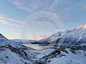 Beautiful shot of the winter in the Arctic region, Hillesoy, Kvaloya Island, Tromso, Norway