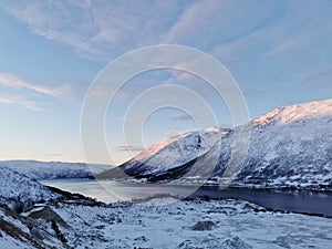 Beautiful shot of the winter in the Arctic region, Hillesoy, Kvaloya Island, Tromso, Norway
