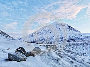 Beautiful shot of the winter in the Arctic region, Kvaloya Island, Tromso, Norway