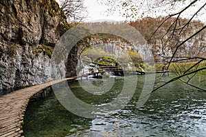 Beautiful shot of a wooden pathway in Plitvice Lakes National Park in Croatia