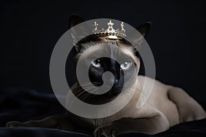 Beautiful Siamese Cat In Gold Crown On Matte Black Background. Generative AI