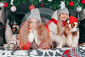 Beautiful siblings girls are happy have fun with cavalier king charles spaniel dog. Funny Christmas holiday. Winter