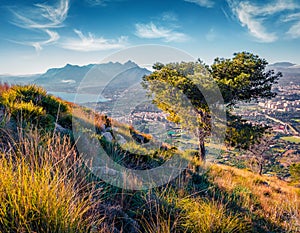 Beautiful Sicilian scenery. Colorful morning view of Pizzo Trigna e Grotta Mazzamuto national park.