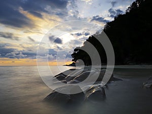 Sunset view with silky smooth water reflection on the sea shore landscape with beautiful sunset view.