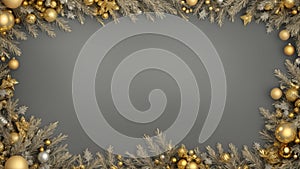 Beautiful silver Christmas background with a border of fir branches, golden baubles, pine cones
