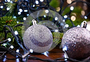 Beautiful silver Christmas glitter ball with light Christmas garland stock images
