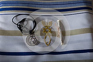 A beautiful Silver Magen David star necklaces on a white tallit with the Malchai 4:2 verses on it.