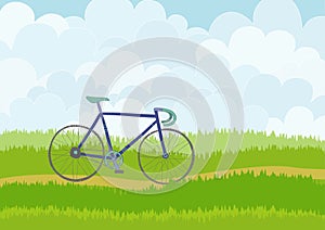 Beautiful simple cartoon meadow with blue racing bike on sky background.
