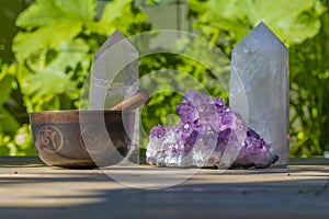 Beautiful Singing Bowl and Crystals Close Up