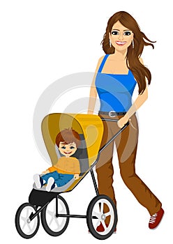 Beautiful single mather pushing stroller