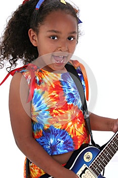 Beautiful Six Year Old Girl With Blue Electric Guitar Over White