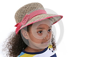 Beautiful Six Year Old Girl In Red And Tan Hat Over White