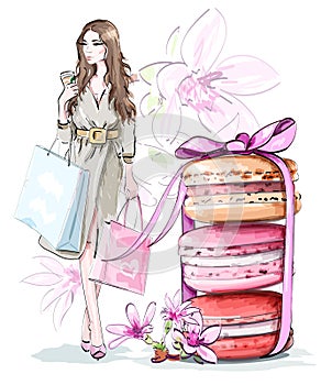 Beautiful sketch set: fashion woman with shopping bags, sweet cute macarons with bow and flowers.