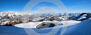 Beautiful ski resort called Skiwelt Ellmau Hartkaiser, Wilder Kaiser mountain, austrian wintersport area. winter landscape tirol