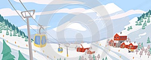 Beautiful ski resort flat vector illustration. Mountain winter landscape with chairlift for downhill skiing