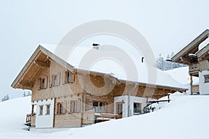 Beautiful skiing hut in deep snow