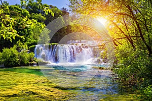 Beautiful Skradinski Buk Waterfall In Krka National Park, Dalmatia, Croatia, Europe. The magical waterfalls of Krka National Park