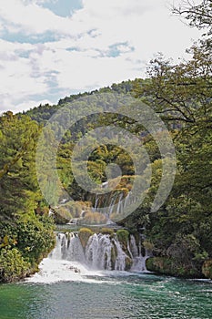 Beautiful Skradinski Buk Waterfall In Krka National Park in early autumn, famous travel destination in Dalmatia of Croatia. Europe