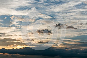 Beautiful sky with clouds and sun. Sunset sky with clouds.