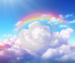 Beautiful sky with fluffy clouds in pastel rainbow colors. Copy Space. Concept of calming background, nature, minimalist