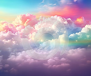 Beautiful sky with fluffy clouds in pastel rainbow colors. Copy Space. Concept of calming backgrounds, nature