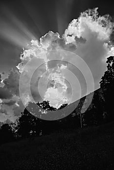 Beautiful sky, magic sky, sunrays, sunlight and sunshine, sunny day, wonderful clouds, black and white photography