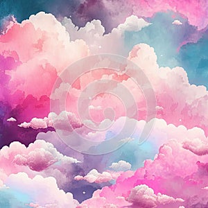 Beautiful sky with watercolor-style clouds in shades of white and pink