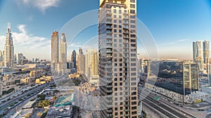 Beautiful skyline of Dubai downtown and Business bay with modern architecture during sunset.