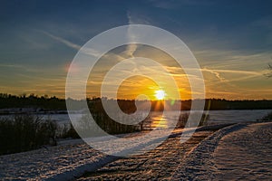 Sunset with beautiful skyline over lake Zorinsky Omaha Nebraska